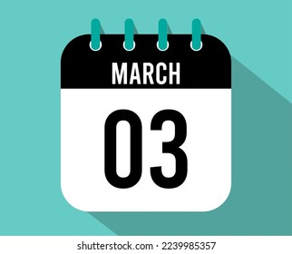 3 March calendar icon. Vector black for the month of March with shadow effect