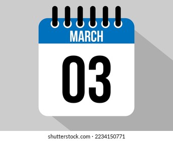 3 March calendar vector icon. Blue March date for the days of the month and the week on a light background