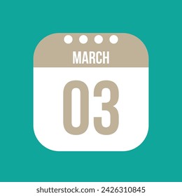 Icono de vector de calendario 3 de marzo. Marzo blanco fecha para los días del mes y la semana en un fondo claro