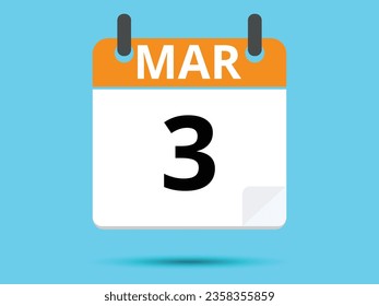 3 March. Flat icon calendar isolated on blue background. Vector illustration.