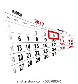 3 March highlighted on calendar 2017. Week starts from Monday. Vector Illustration.