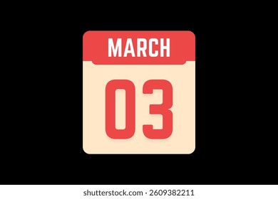 3 March icon text page monthly web design on coral, white, tangerine and black background vector, icon, or illustration with the month of March 3