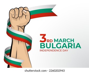 3. März. Vektorgrafik von Happy Independence Day Grußkarte für das Land Bulgarien mit geklonten Fäusten und einem Flaggenband. Verwendung für Banner auf weißem Hintergrund.