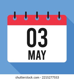 Calendario del 3 de mayo. Fondo Azul. Calendario de vectores.