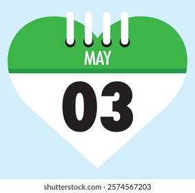 3 May calendar icon green heart shape on light sky blue color background, calendar vector symbol for the month of May.