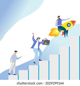 3 men step on graph stairs moving up to achievement with happy moment, walk, run, dance, on rocket, good Team player, team works, successful business concept 