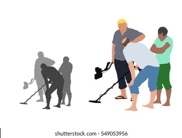 3 men treasure hunting with metal detector on beach