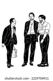 3 men walking, talking, happy
hand drawn art illustration