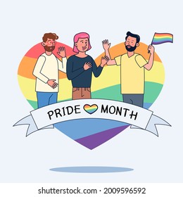 3 Men waving the flag of gender freedom. Happy pride month LBGTQ concept. Pride month with rainbow flag. Template LGBTQ event banner design.