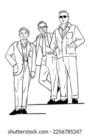 3 hombres con traje de vestir que caminan juntos ilustración de arte dibujada a mano