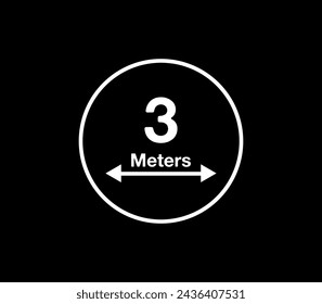 3 Meters distance icon. Vector measurement in meters, white circle isolated on black background