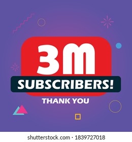 3 million followers vector post 1m celebration. Three million subscribers followers thank you congratulation.