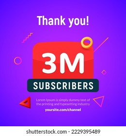 3 million followers vector post 3m celebration. Three millions subscribers followers thank you congratulation