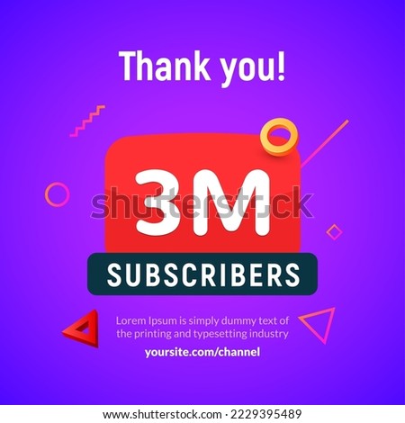 3 million followers vector post 3m celebration. Three millions subscribers followers thank you congratulation