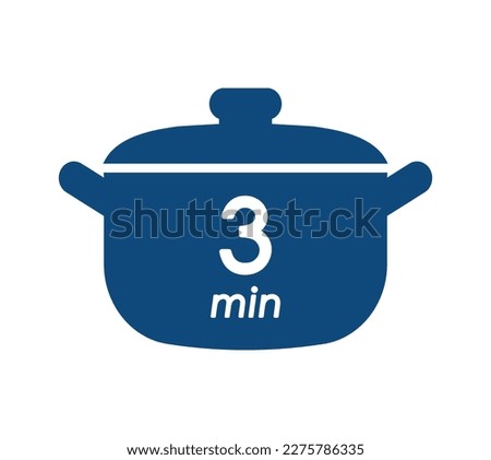 3 min cooking time blue label, cooking pot symbol with three minute mark, boiling time vector illustration