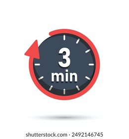 3 minute on stopwatch icon in flat style. Clock face timer vector illustration on isolated background. Countdown sign business concept.