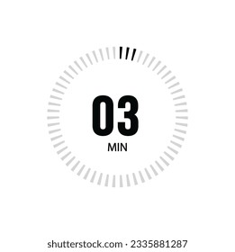 3 Minute timer clock. 3 min stopwatch icon countdown time digital stop chronometer.