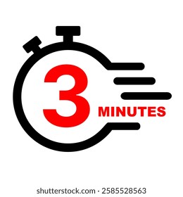 3 minutes stopwatch icon. Stop watch clip art on black and red vector. Services time graphic design