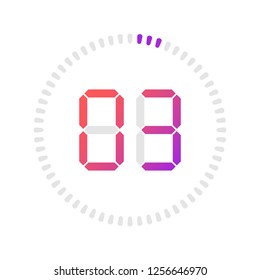 The 3 Minutes, Stopwatch Vector Icon, Digital Timer. Vector Digital Count Down Circle Board With Circle Time Pie Diagram. Watch Outline Style Design, Designed For Web And App.