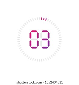 The 3 minutes, stopwatch vector icon, digital timer. Vector digital count down circle board with circle time pie diagram. Watch outline style design, designed for web and app