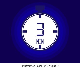 3 Minuten stoppen Uhr Vektorsymbol. Hör auf, das Symbol im Uhrzeigerstil zu sehen. Zeitplan für Termine und Termine auf blauem Hintergrund