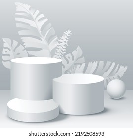 3 mockup cylindrical podiums with leaves for product presentation on white background