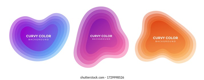 3 Modern liquid abstract blur blob set topographic depth gradient flat style design fluid vector colorful illustration banner simple template for presentation, flyer, isolated on white background.