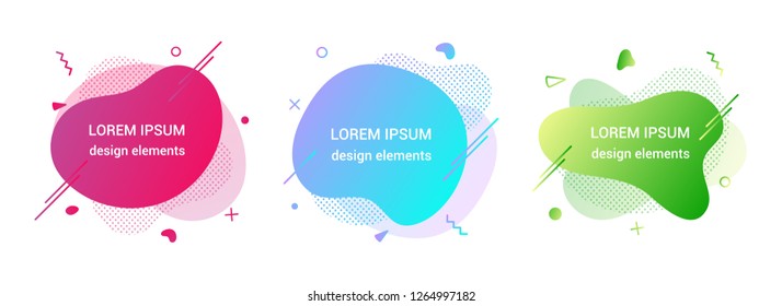 3 Modern liquid abstract element graphic gradient flat style design fluid vector colorful illustration set banner simple shape template for logo, presentation, flyer, isolated on white background.