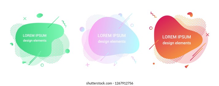 3 Modern liquid abstract element graphic gradient flat style design fluid vector colorful illustration set banner simple shape template for logo, presentation, flyer, isolated on white background.