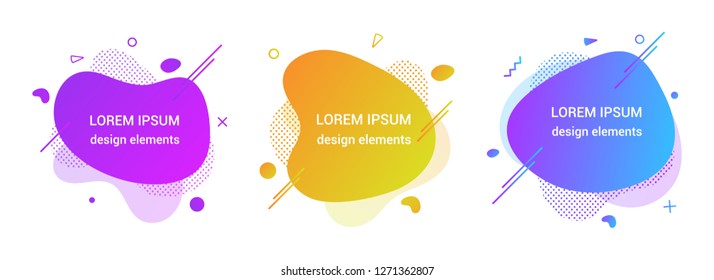 3 Modern liquid abstract element graphic gradient flat style design fluid vector colorful illustration set banner simple shape template for logo, presentation, flyer, isolated on white background.