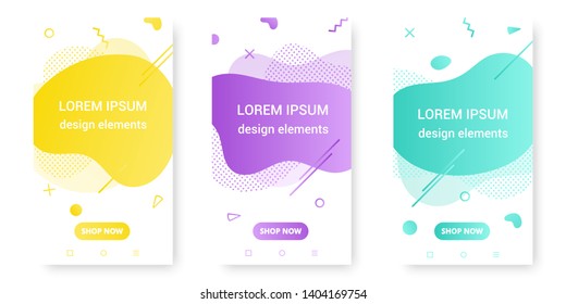 3 Modern liquid abstract element shape gradient memphis style design fluid vector colorful illustration banner set simple shape template for presentation, flyer, brochure isolated on white background.