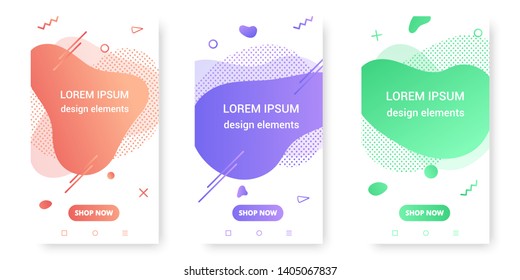 3 Modern liquid abstract element shape gradient memphis style design fluid vector colorful illustration banner set simple shape template for presentation, flyer, brochure isolated on white background.
