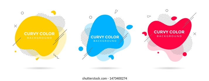 3 Modern liquid abstract element shape memphis style design fluid vector colorful illustration set. Banner simple shape template for presentation, flyer, brochure isolated on white background.