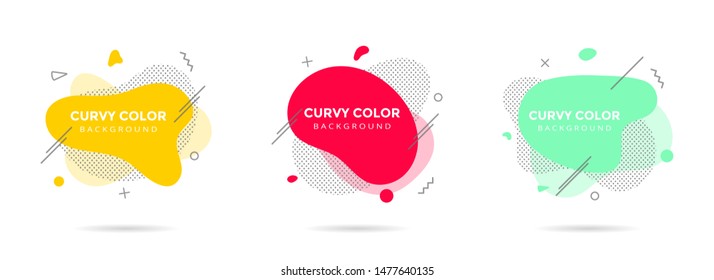 3 Modern liquid abstract element shape memphis style design fluid vector colorful illustration set. Banner simple shape template for presentation, flyer, brochure isolated on white background.