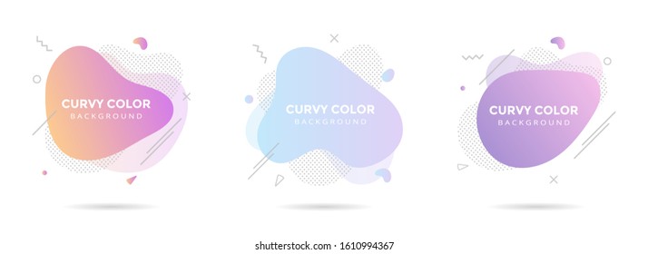 3 Modern liquid abstract element graphic gradient flat style design fluid pastel colors vector illustration set banner simple shape template for presentation, flyer, isolated on white background.