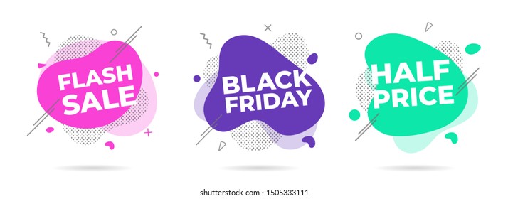 3 Modern liquid abstract flash sale, half price, black friday text setflat style design fluid amoeba color vector illustration banners or flyer leflet icon sign.