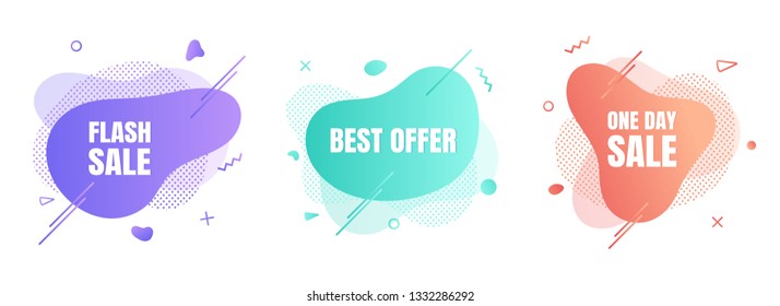 3 modern liquid abstract special offer price sign BEST OFFER, FLASH SALE, ONE DAY SALE text gradient flat style design fluid vector colorful vector illustration banner simple shape advertising.