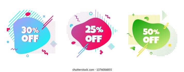 3 Modern liquid abstract special offer price sign 25%, 30%, 50% off DISCOUNT set text gradient flat style design fluid vector colorful vector illustration banners or flyer leflet icon.