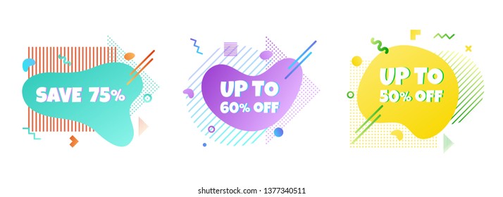 3 Modern liquid abstract special offer price sign save 75%, 60%, 50% off DISCOUNT set text gradient flat style design fluid vector colorful vector illustration banners or flyer leflet icon.