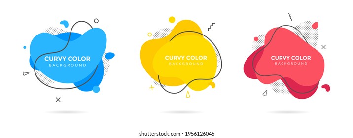 3 Modern liquid irregular amoeba blob shape abstract elements graphic flat style design fluid vector illustration set banner simple shape template for presentation, flyer, isolated on white background