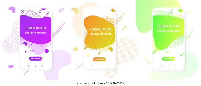 3 Modern vertical mobile liquid abstract shape gradient set memphis style design fluid vector colorful illustration banner simple graphics for app, presentation, sale, brochure isolated on background.