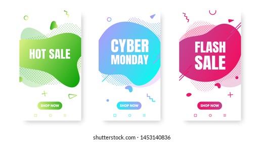 3 modern vertical mobile liquid abstract shape gradient memphis style design fluid vector colorful illustration banner for app, presentation, sale, brochure isolated on white background.