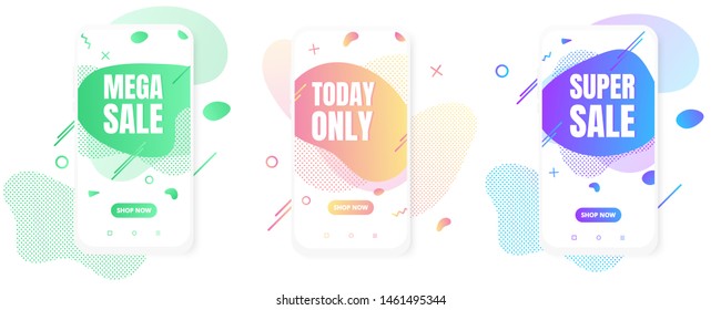 3 Modern vertical mobile liquid abstract shape gradient memphis style design fluid vector colorful illustration set banners for app, presentation, sale, brochure isolated on white background.