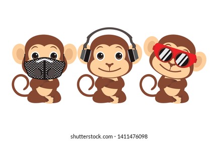 3 monkeys cartoon close mouth eye and ear vector illustration isolated