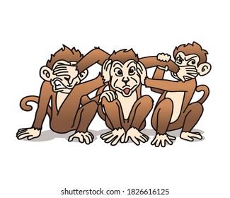 3 monkeys cartoon close mouth eye and ear vector illustration isolated	