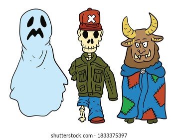 3 monster characters for Halloween. a ghost, a skeleton and a beast monster. 