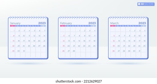 3 months Calendar 2023 templates. Simple monthly vertical calendar corporate design Layout in English. Week starts from Sunday. 3D vector isolated illustration design Cartoon pastel Minimal style. 