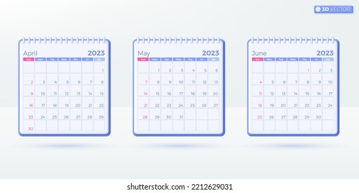 3 months Calendar 2023 templates. Simple monthly vertical calendar corporate design Layout in English. Week starts from Sunday. 3D vector isolated illustration design Cartoon pastel Minimal style. 