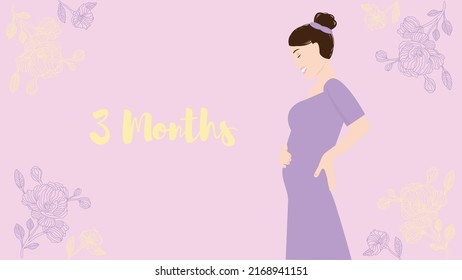 3 months of pregnancy. Portrait of young happy woman waiting for her child born, vector illustration. Pregnant woman expecting to be a mother