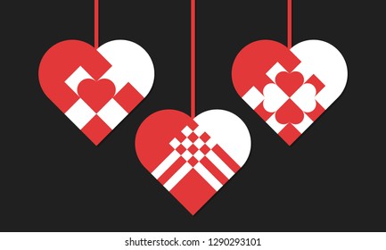 3 mosaic hearts on black background, vector illustration